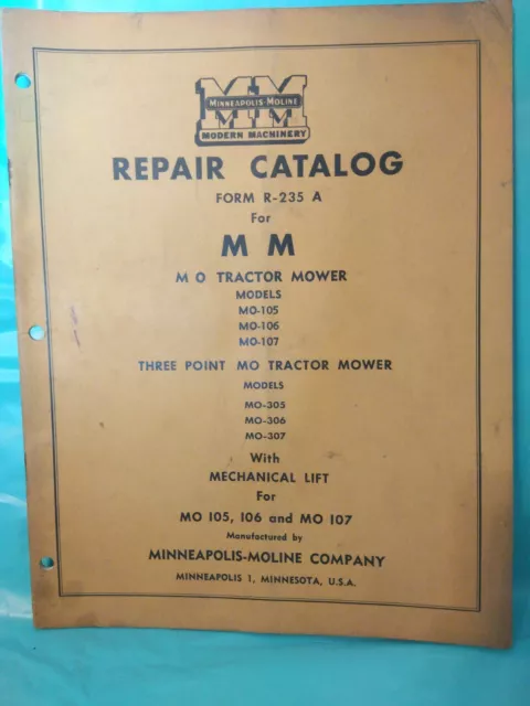 Minneapolis Moline Repair Catalog For MO Tractor Mower & 3 Point Mowers R-235A