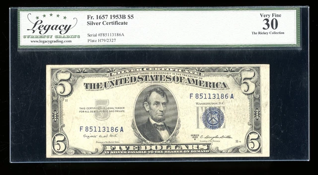 DBR 1953-B $5 Silver Fr. 1657 FA Block Legacy 30 Serial F85113186A