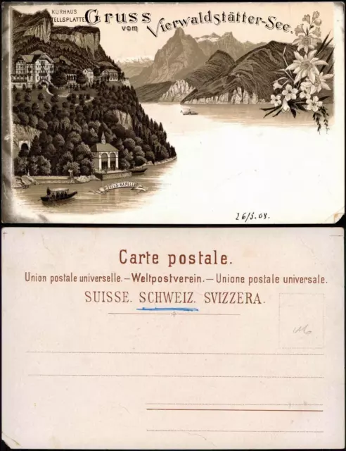 Litho AK Luzern Lucerna Gruss vom Vierwaldstättersee  Kurhaus Tellsplatte 1900