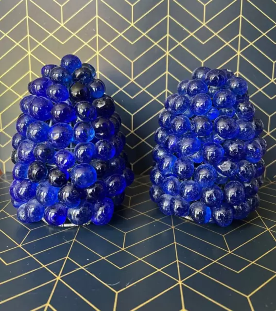 Antique 1930s Glass Cobalt Blue Grape Cluster Lamp Shade Pair