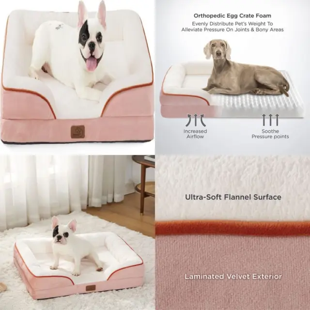 Bedsure Medium Orthopedic Dog Bed, Bolster Beds for M（28x23x7"）, Pink