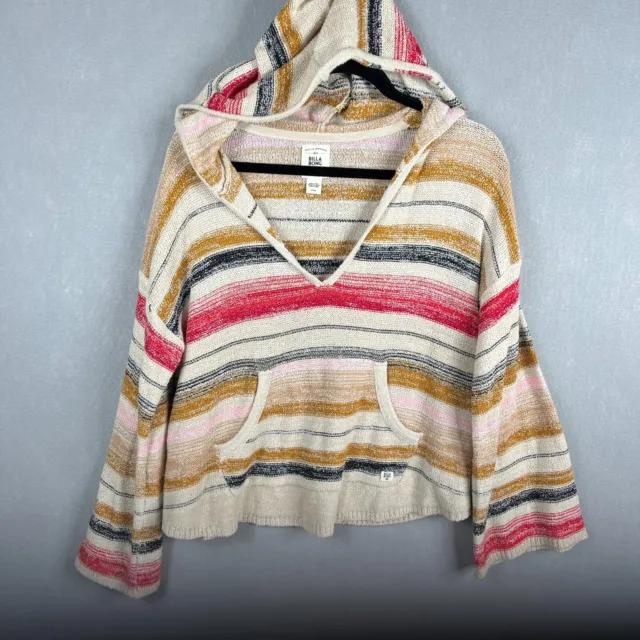 Billabong  Sweater Womens L Red Pink Hoodie Striped Pullover  V Neck Knit