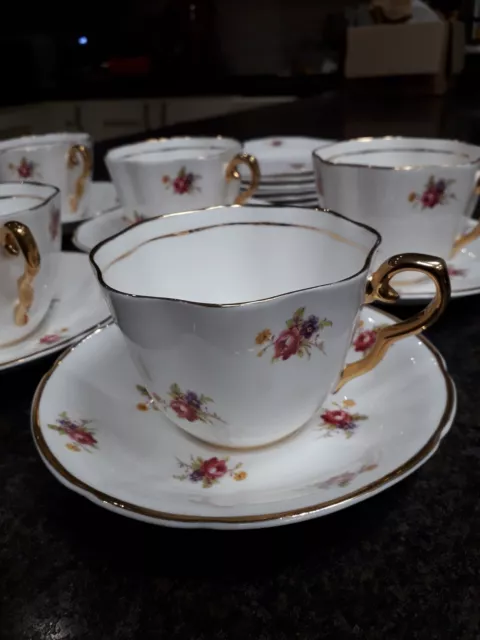 Lubern England Bone China Teacups & Saucers & Side Plates X 6 Gold & White