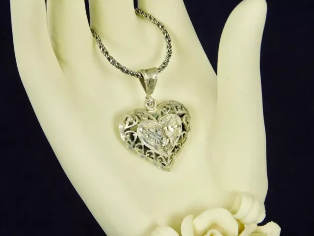 Vintage Sterling Silver Puffy Filigree Heart Diamond Cut Bird Pendant Necklace
