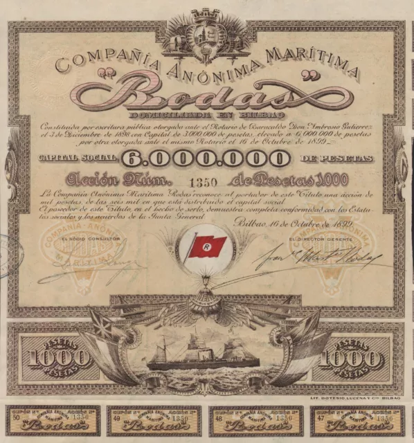 SPAIN SHIPPING COMPANY stock certificate 1899 W/COUPONS, RODAS