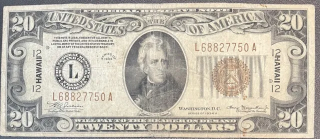 1934 A Twenty Dollar Silver Certificate HAWAII Note $20 Bill Circulated #59187