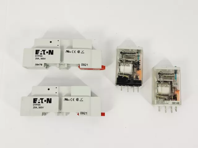 (2) Magnecraft 781XAXM4L-24D Relay, Eaton D1PAA Sockets 24VDC Coil, 20A, 277VAC