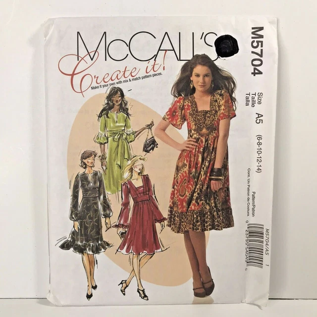 McCALL'S #M5704 ""V"" o Cuadrado Escote Patrón de Vestido 2J109