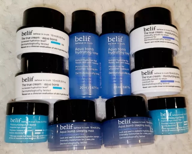 belif HUGE NEW LOT 12pcs Aqua Bomb Hydrating Toner True Cream Eye Sleep Mask