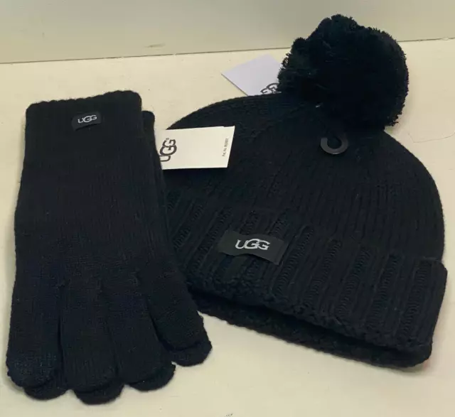 UGG Logotipo Tecnología de Invierno Guantes y Gorro Sombrero Conjunto Puño Tejido Sombrero Hilo Pom Negro Talla Única