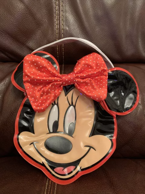 Disneys Minnie Mouse Girls Hand Bag Large Plastic Face Satin Spotted Bow