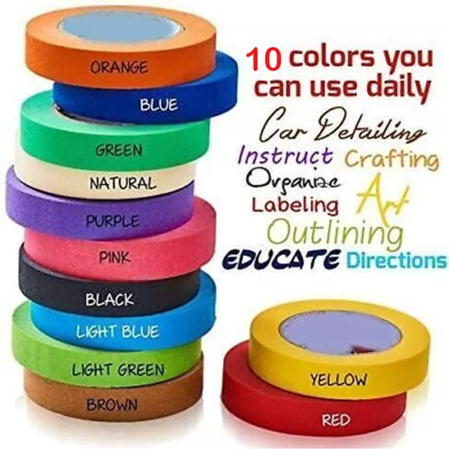 10 Pcs of 10 Colors 20m Colored Masking Tape Rainbow Color Easy Tear Home Tapes