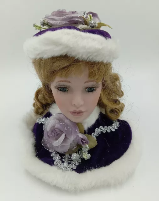 Large Victorian Porcelain Lady Head Bust  Eyelashes Hand Painted Purple Outfit