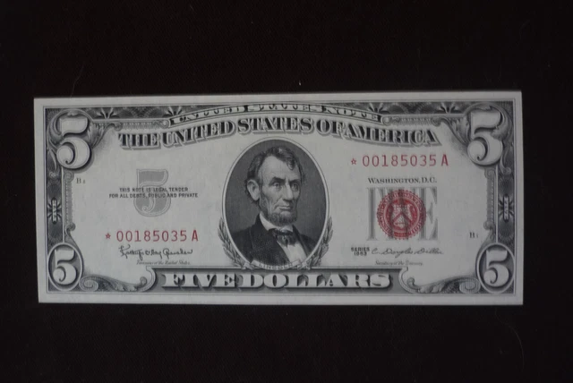 1963 "Rare" $5 Five Dollar United States Bank Note Red Seal  ⭐️ Star Note Unc