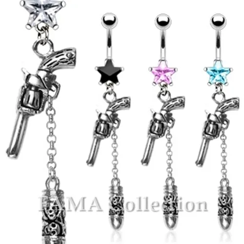 FAMA Gun & Skull Carved Bullet Dangle with 316L Surgical Steel Navel Belly Ring