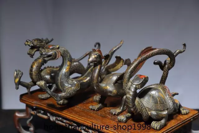 12'' Chinese bronze Gilt Myths and legends four beasts Suzaku Xuanwu statue set