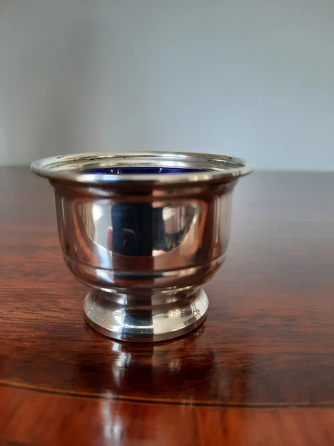 Sterling Silver Plain Open Salt With Blue Glass Liner, Perfect Condition.