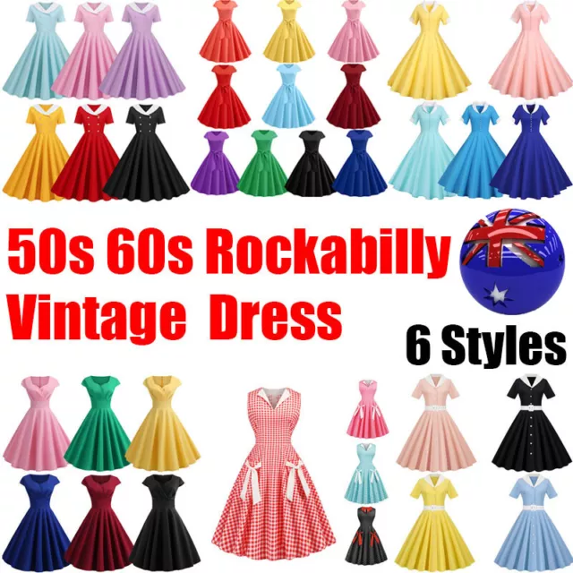 Women 50s 60s Rockabilly Vintage Button Swing Dress Cocktail Party Midi Dresses