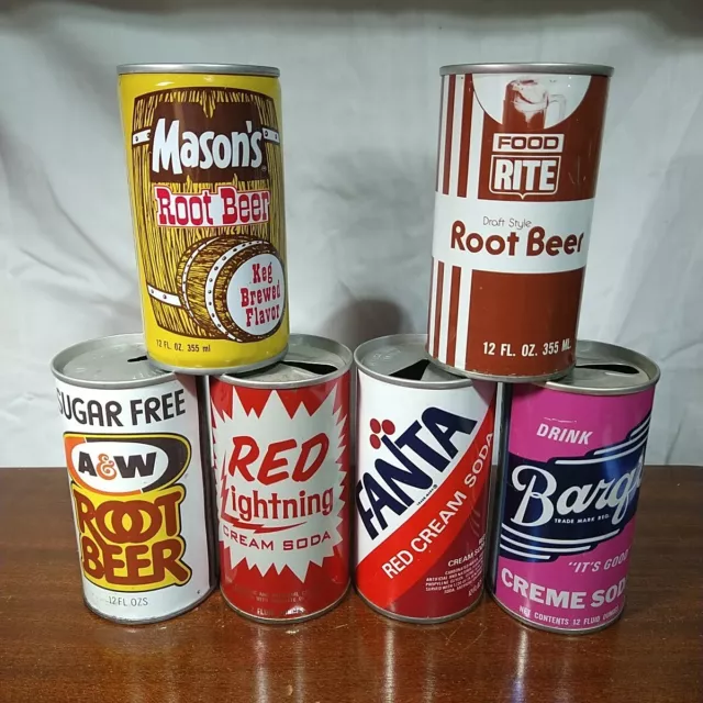Lot 92 6 Vintage Steel pull top 12 oz soda pop cans root beer cream soda