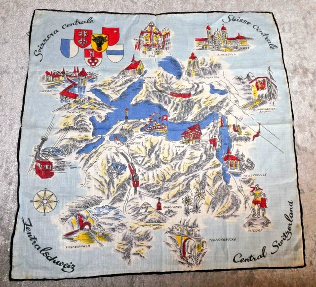 Fazzoletto vintage. Mappa della Svizzera centrale inutilizzata. Materiale cotone molto fine