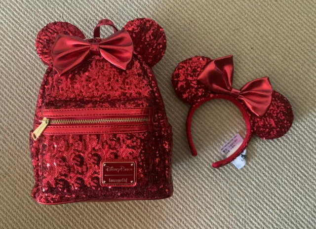 Disney Parks Red Sequined Loungefly Mini Backpack NWT & Minnie Ears Headband EUC