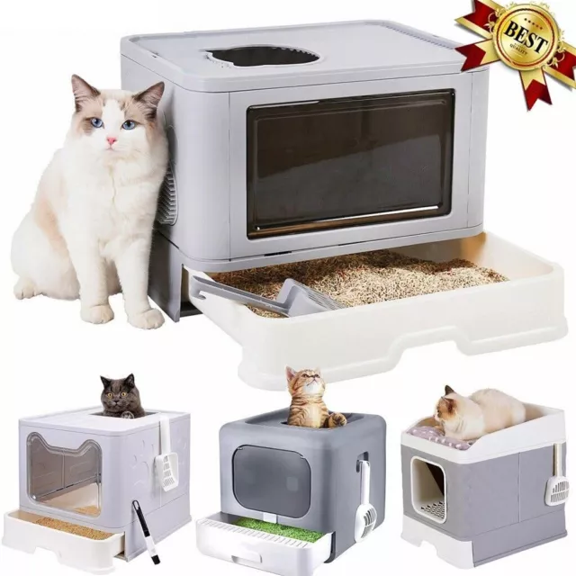 Hooded Cat Litter Tray Pet Litter Box with Front Entrance, Top Exit, Scoop & Lid