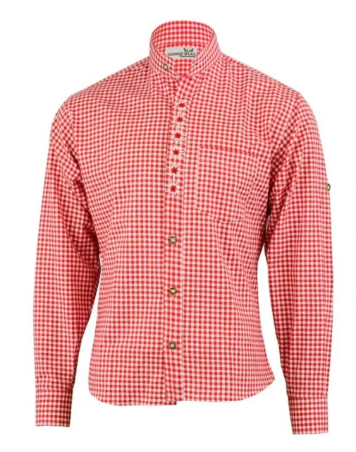 Trachtenhemd Trachten Hemd Herren Edelweissstickerei rot weiss kariert S - 4 XL