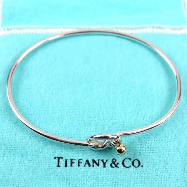 Tiffany & Co. Love Knot Hook & Eye Bangle Bracelet Silver 925 & 18K Gold w/Pouch