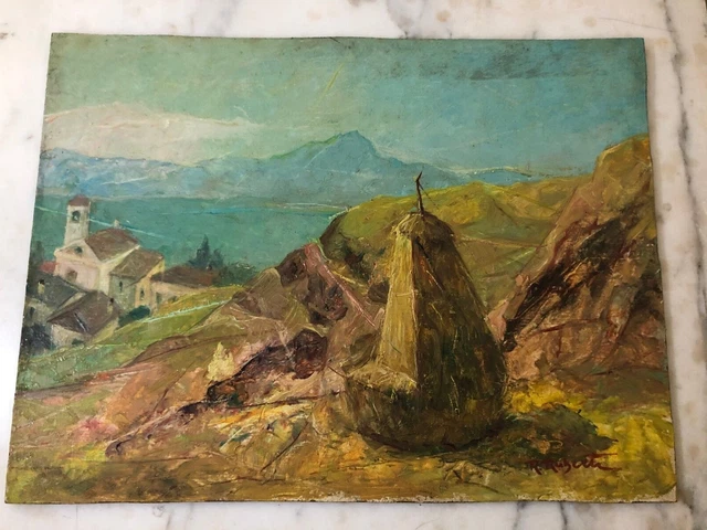Riccardo Ruberti painted landscape haystack houses 44.5x33.5 cm oil on masonite
