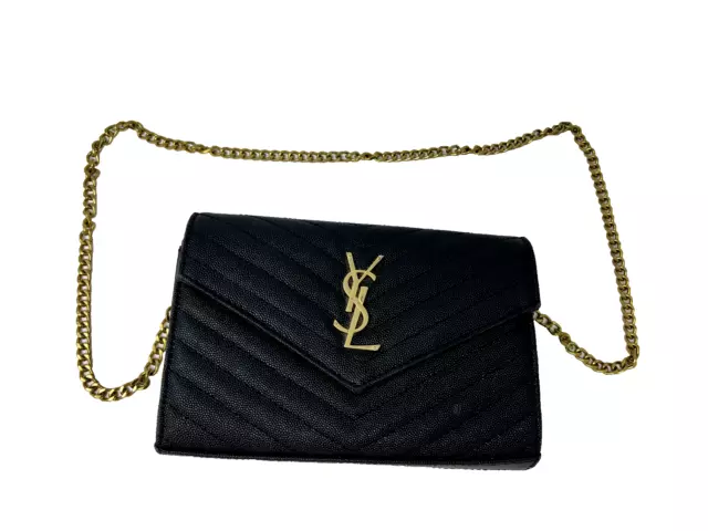 Saint Laurent YSL Grain de Poudre Envelope Wallet on a Chain Black & Gold WOC