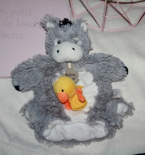 DOUDOU PELUCHE HISTOIRE D'OURS ANE GRIS MARIONNETTE ET BEBE CANARD jaune