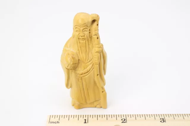 Netsuke Old Man Religious Figure with Staff - Japanese Carved Boxwood - Signed