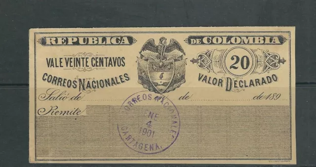 Colombia Circa 1901 Valor Declarado 20 Centavos Completo Gomma