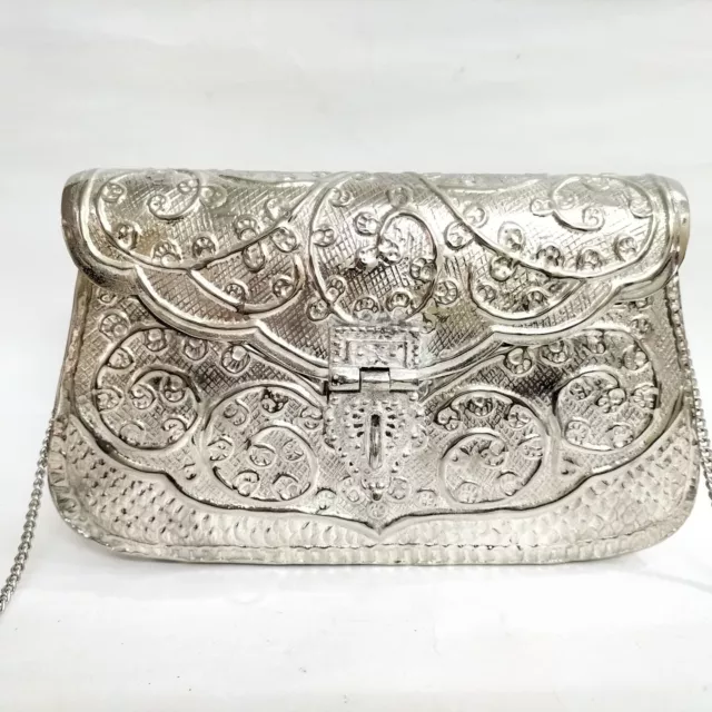 Mid century modern handmade silver metal purse - Clutch with long strap Gift bag