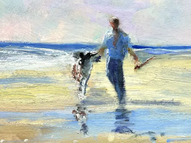 "Pintura al óleo original Nino Pippa amigos de la Riviera francesa jugando junto al mar 11X14" 3