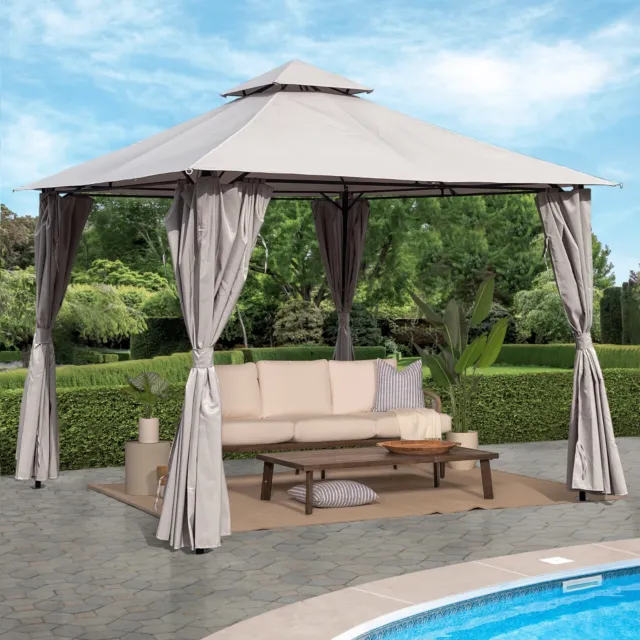 10x10 Ft Outdoor Patio Garden Gazebo Canopy With Curtains, Gray