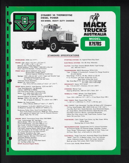 MACK TRUCKS R797RS Specifications Brochure [Front Axle Faw537C] 1/78 ...