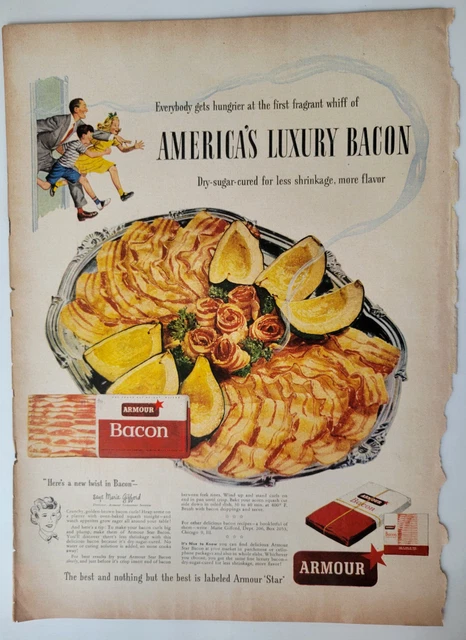 Armour Bacon Dry Sugar Cured Recipe Tray Original 1940s Print Ad ~10x14"