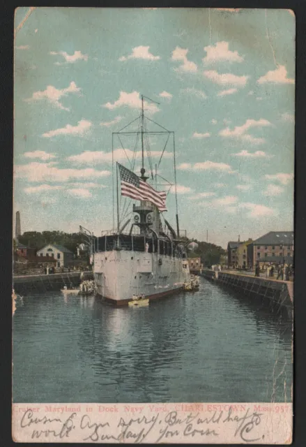 POSTCARD 1907 USS Maryland Cruiser in Dock NAVY YARD Charlestown BATTLESHIP