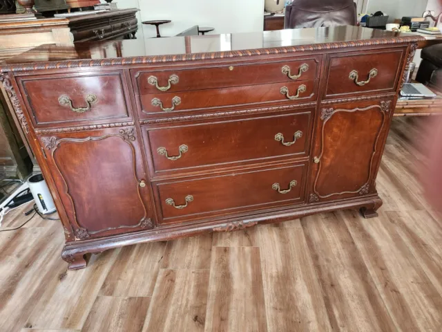 Antique Mahogany 62" Sideboard Buffet Cabinet w/ unique carved sides