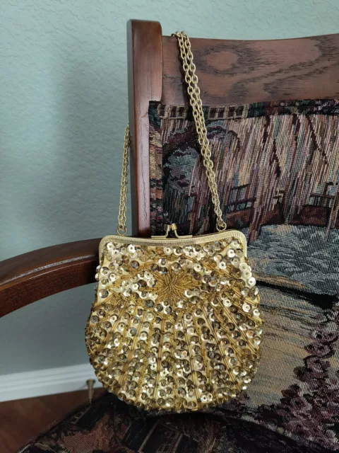 Vintage Gold Hand-Beaded Clutch/Evening Bag Made in Hong Kong Beads And Sequins