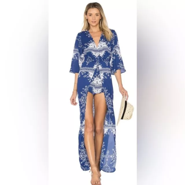 NEW Lovers + Friends Ashton Blue White V-Neck Short Sleeve Maxi Romper Size S