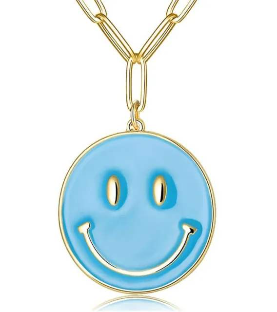 Blue Smiley Face Paperclip Necklaces 14K Gold Plated Stainless Steel Chain