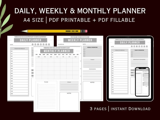 A4 DIGITAL DAILY, Weekly, Monthly Planner Fillable Printable Download ...