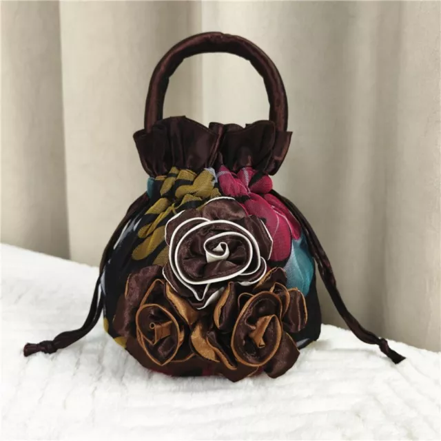 SATIN SILK ROSE Flower Handbag Retro Hanfu Bag Drawstring Bucket Bag ...