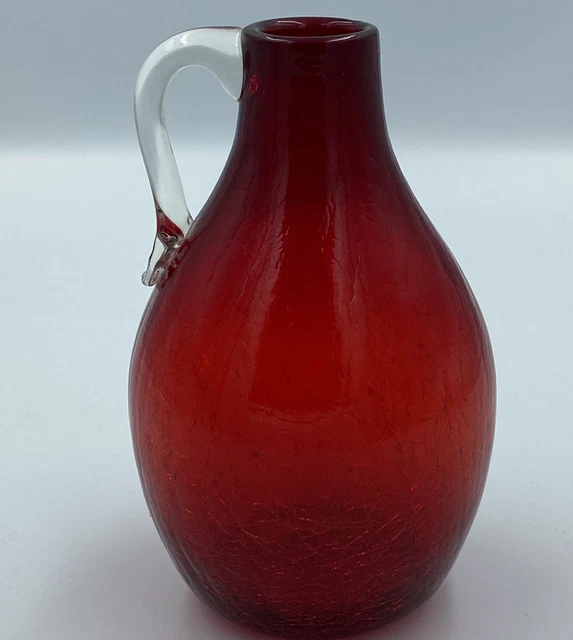 VINTAGE RUBY RED Crackle Glass Mini Jug Vase Clear Applied Handle 6
