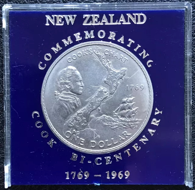 New Zealand 1969 $1 Dollar Cu-Ni Crown-size Coin ~ Captain Cook Bicentenary Case