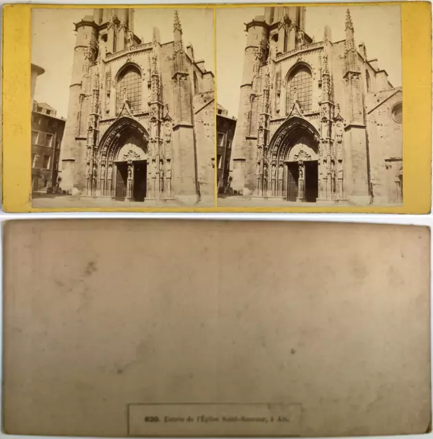 France, Aix, entrée de l&#039;Église Saint-Sauveur Vintage stereo card, Tirage