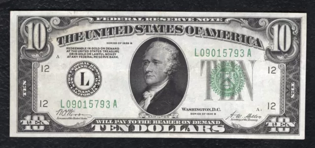 Fr. 2002-L 1928-B $10 Frn Federal Reserve Note San Francisco, Ca Extremely Fine