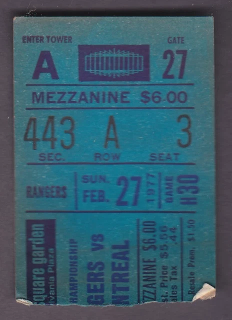 Feb. 27, 1977 New York Rangers vs. Montreal Canadiens Ticket Stub